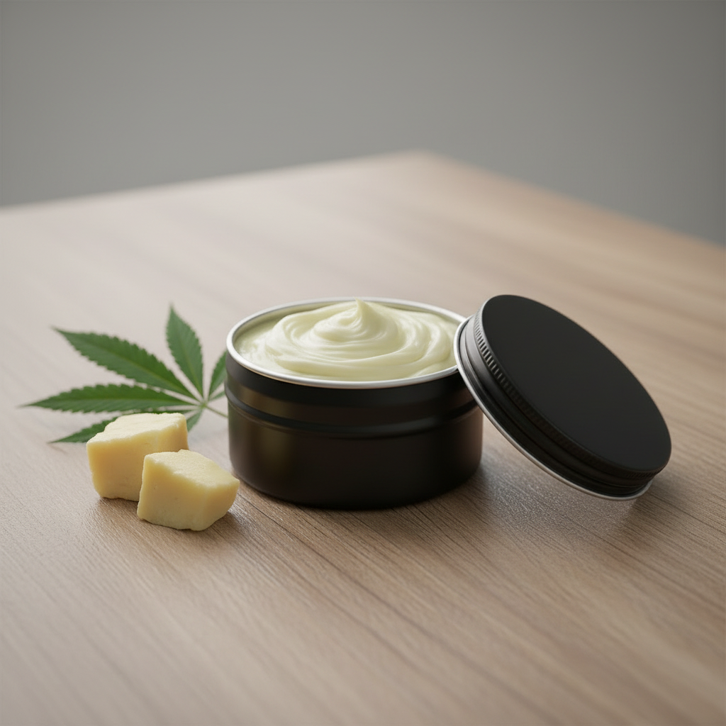 Himpy Beard Butter in an open tin with a subtle green tint on a warm neutral background